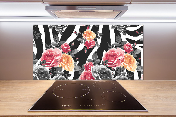 Glasrückwand für die küche Rosen vor Zebra-Hintergrund
