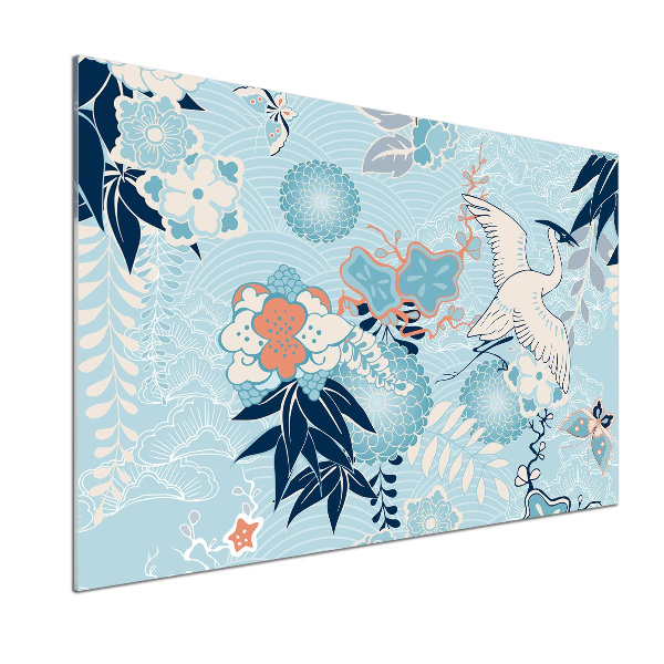 Küchen wandpaneel Kranich und Blumen