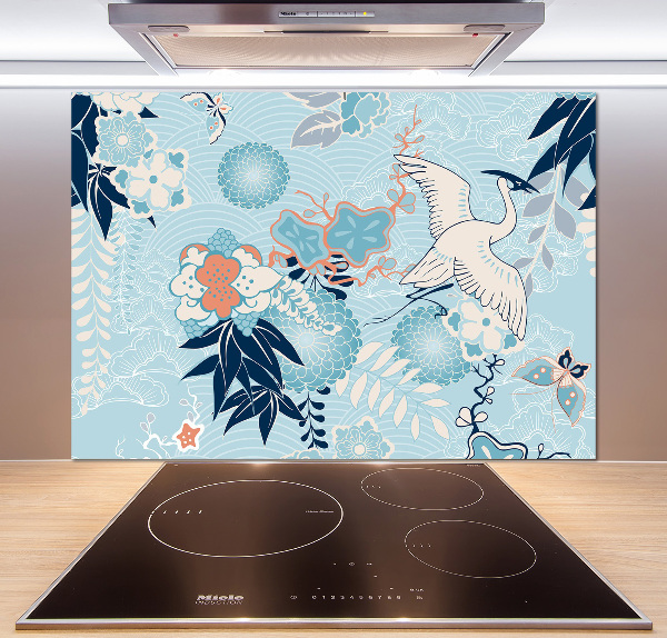 Küchen wandpaneel Kranich und Blumen