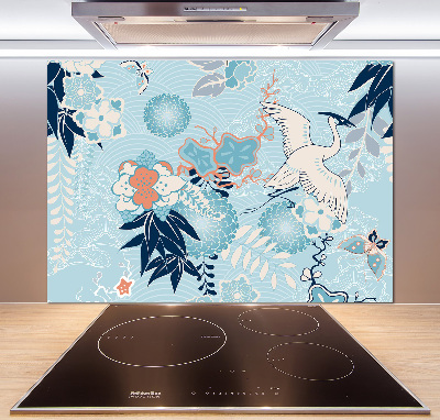 Küchen wandpaneel Kranich und Blumen