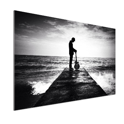 Glasrückwand für die küche Gitarrist auf dem Pier