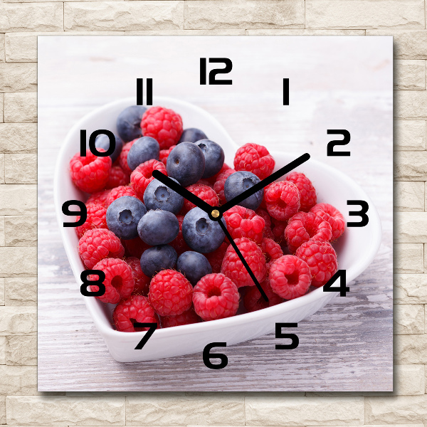 Wanduhr modern quadratisch Himbeeren und Blaubeeren