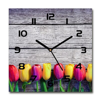 Wanduhr quadratisch Tulpen auf Holz