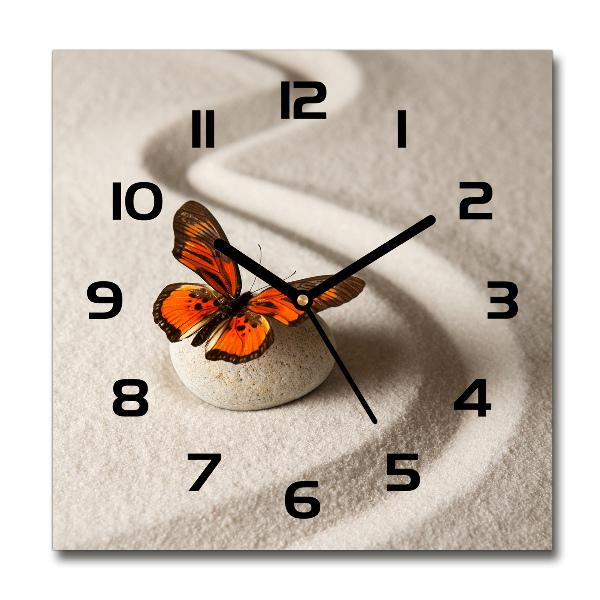 Wanduhr quadratisch Zen-Stein und Schmetterling