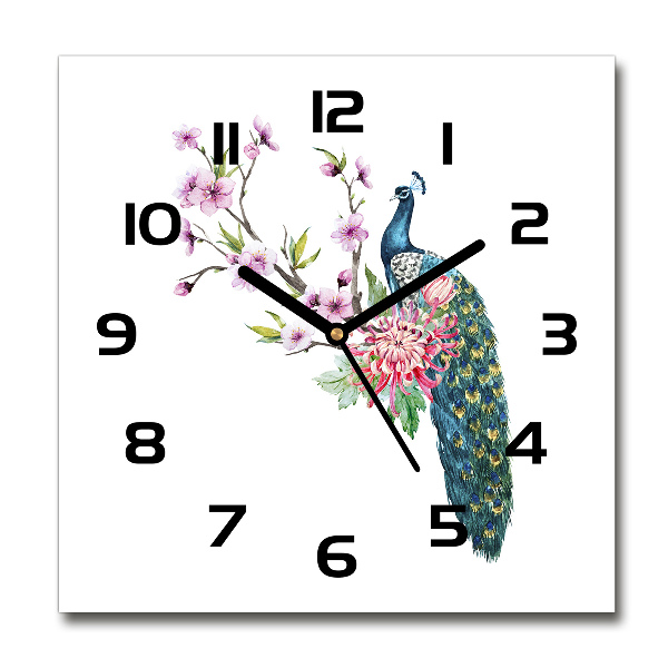 Wanduhr quadratisch Pfau und Blumen