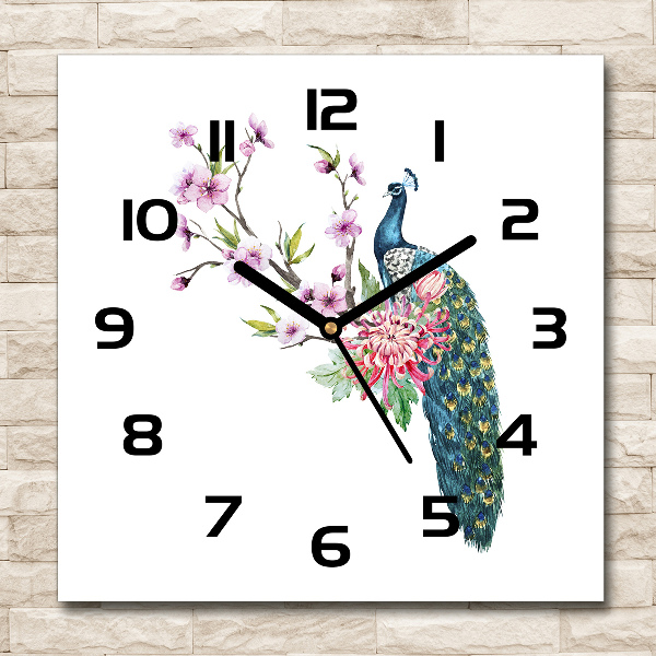 Wanduhr quadratisch Pfau und Blumen
