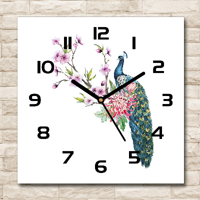 Wanduhr quadratisch Pfau und Blumen