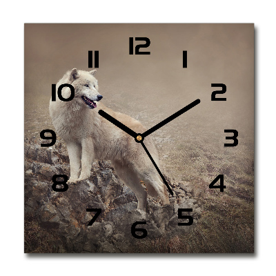 Wanduhr modern quadratisch Weißer Wolf auf einem Felsen