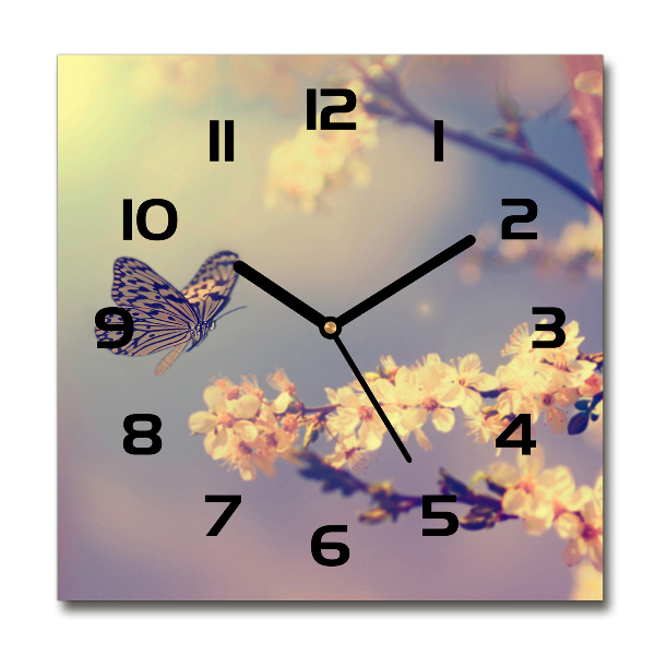 Wanduhr quadratisch Kirschblüte und Schmetterling