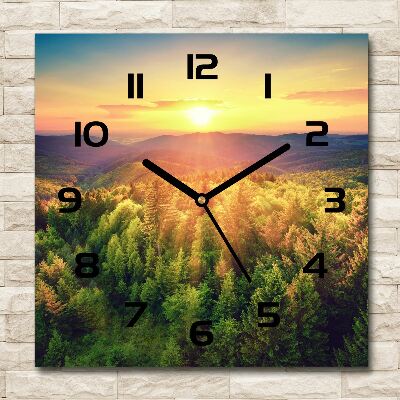 Wanduhr modern quadratisch Sonnenuntergang im Wald