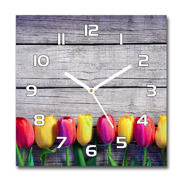 Wanduhr modern quadratisch Tulpen auf Holz