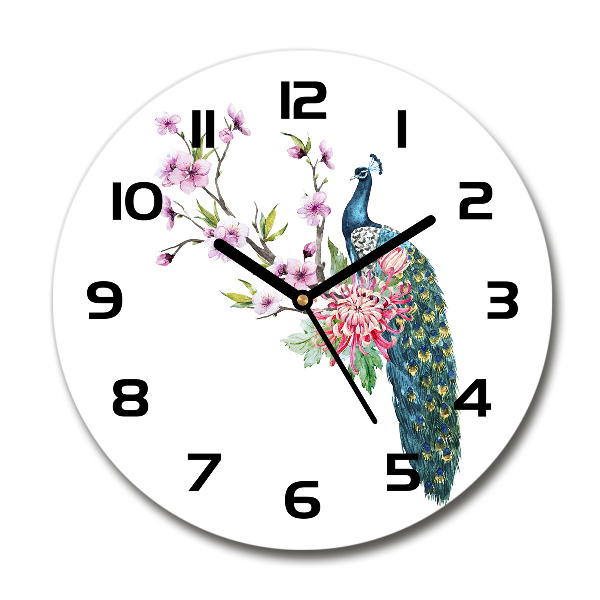 Wanduhr rund Pfau und Blumen