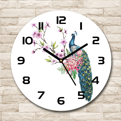 Wanduhr rund Pfau und Blumen