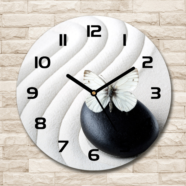 Wanduhr glas rund Zen-Stein und Schmetterling