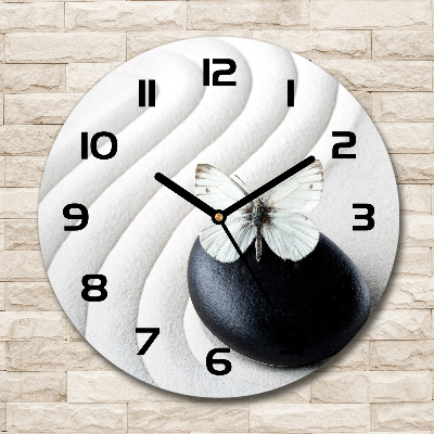 Wanduhr glas rund Zen-Stein und Schmetterling