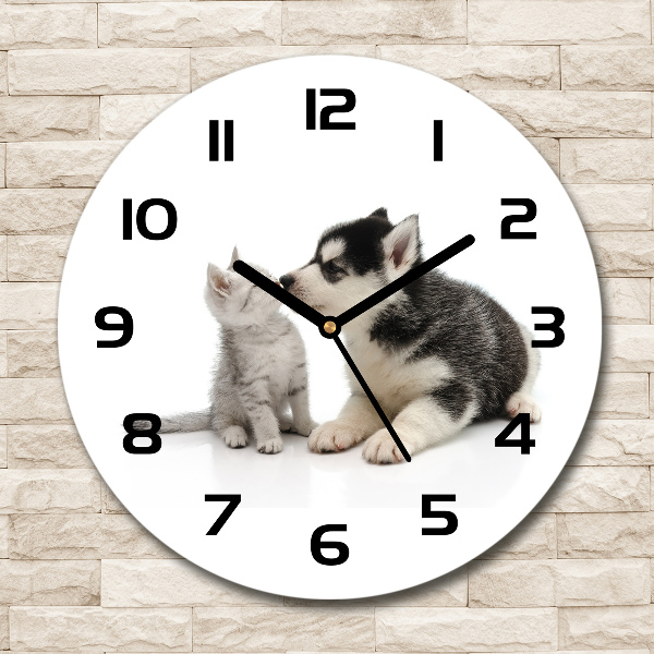 Wanduhr glas rund Hund und Katze