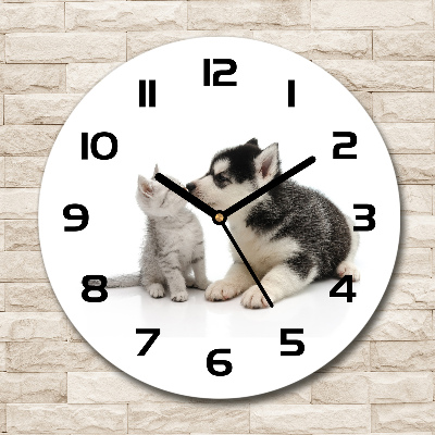 Wanduhr glas rund Hund und Katze