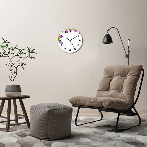 Wanduhr glas rund Lila Tulpen