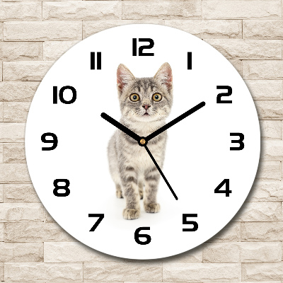 Wanduhr glas rund Graue Katze