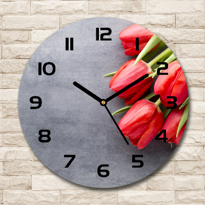 Wanduhr glas rund Rote Tulpen