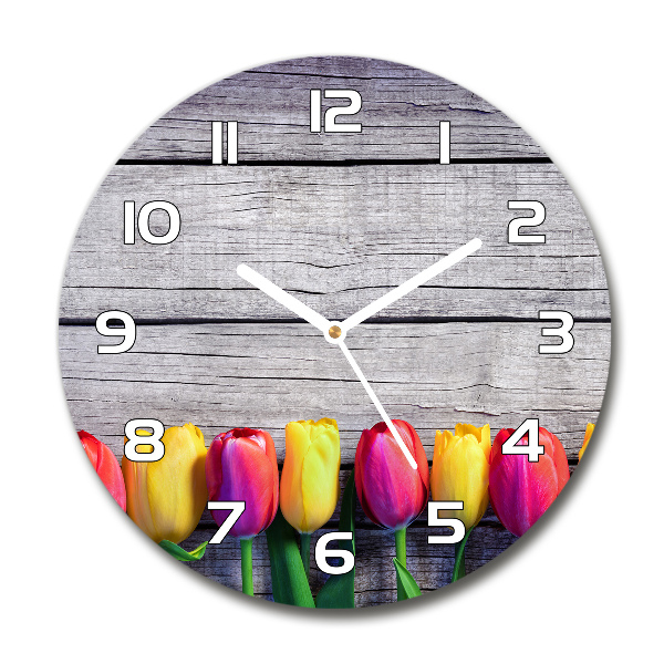 Wanduhr rund Tulpen auf Holz