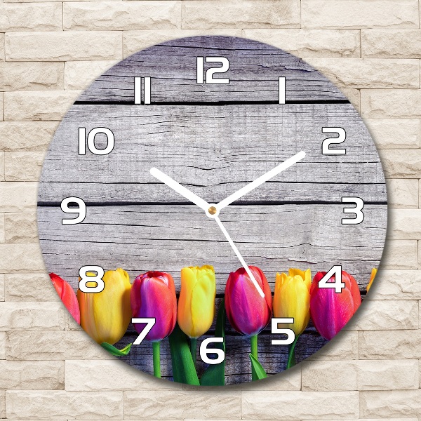 Wanduhr rund Tulpen auf Holz
