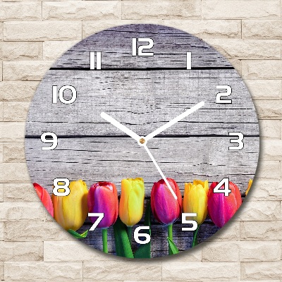 Wanduhr rund Tulpen auf Holz