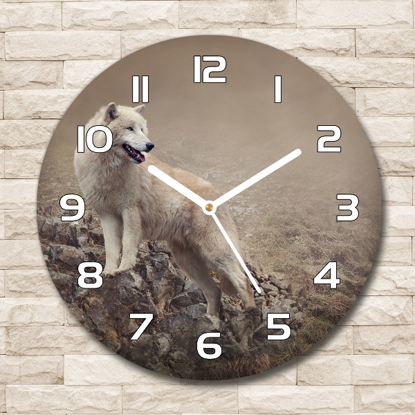 Wanduhr glas rund Weißer Wolf auf einem Felsen