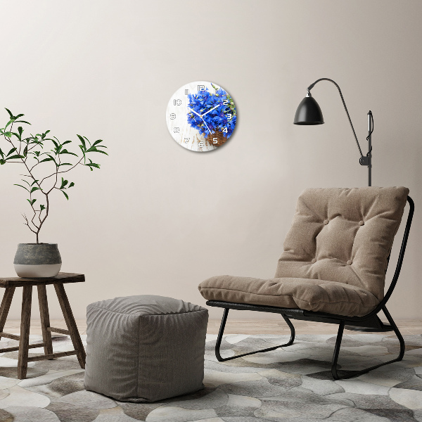Wanduhr glas rund Kornblumen in einem Korb