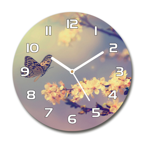 Wanduhr rund Kirschblüte und Schmetterling