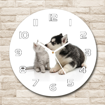 Wanduhr glas rund Hund und Katze