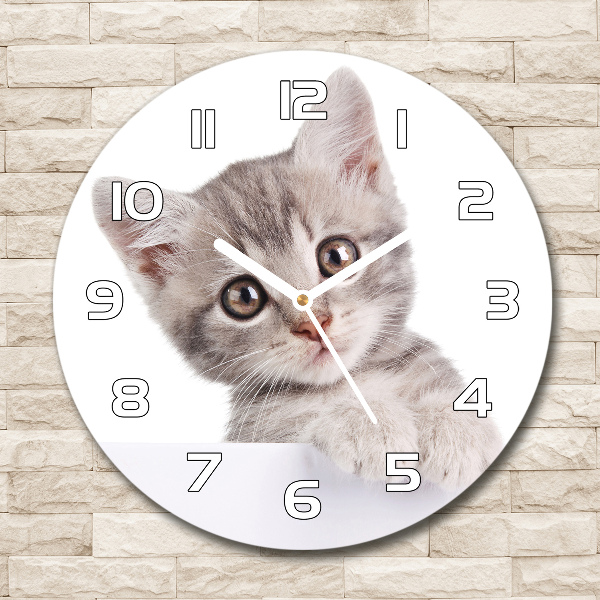 Wanduhr glas rund Graue Katze