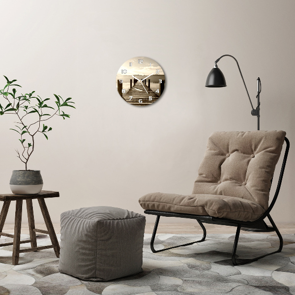 Wanduhr glas rund Holzsteg