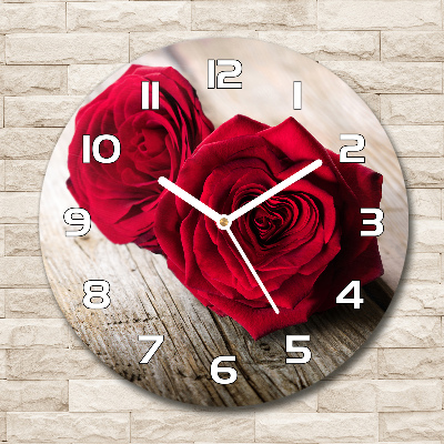 Wanduhr glas rund Rosen auf Holz