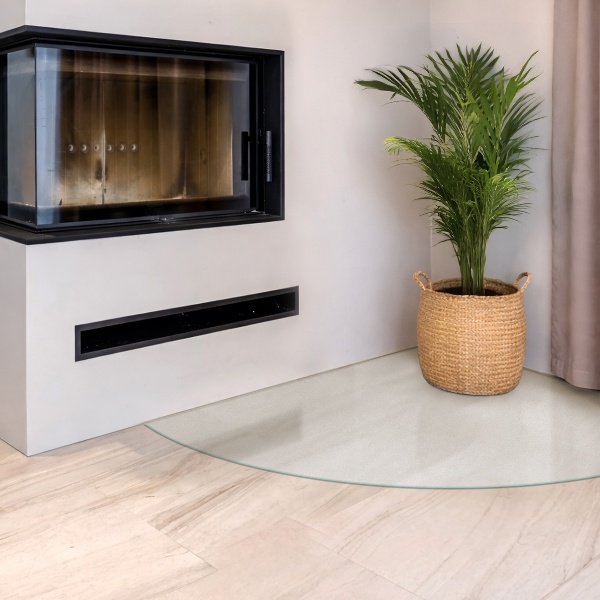 Viertelrunde Glasplatte für Kaminöfen mit Frost-Effekt-Optik
