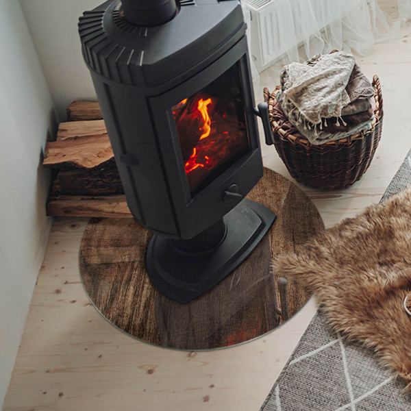 Runde Glasbodenplatte Kamin Kiefernholzmuster