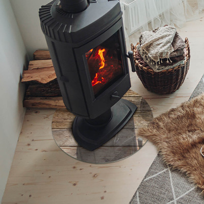 Runde Glasplatte für Kaminofen Holzmosaik im Layout