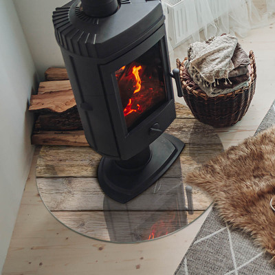 Runde Glasplatte für Kaminofen Holzmosaik im Layout