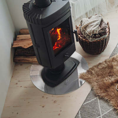 Runde Glasplatte für Kaminofen Marmormotiv mit feinen Adern