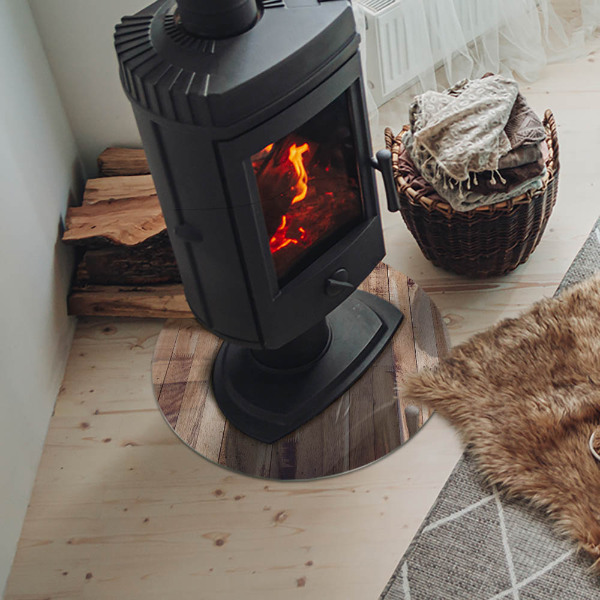 Runde Funkenschutzplatte aus Glas Holzmuster in geometrischer Anordnung