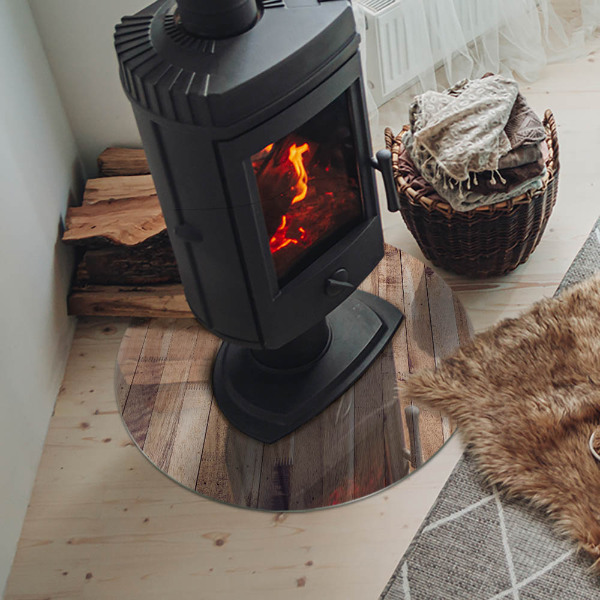 Runde Funkenschutzplatte aus Glas Holzmuster in geometrischer Anordnung