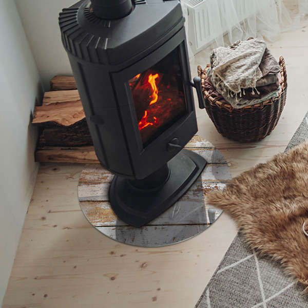 Runde Glasbodenplatte Kamin Rostiges Holzbrett