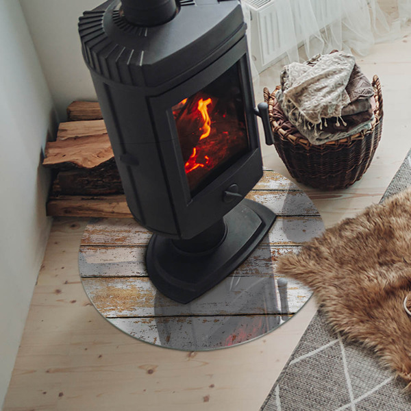 Runde Glasbodenplatte Kamin Rostiges Holzbrett