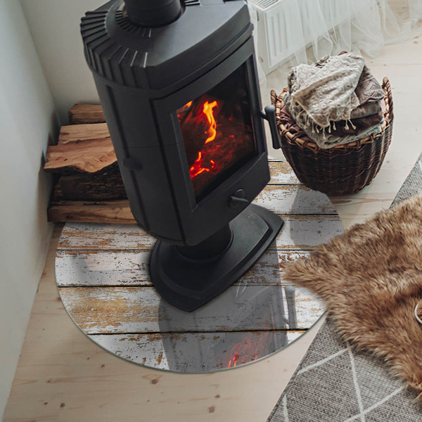 Runde Glasbodenplatte Kamin Rostiges Holzbrett