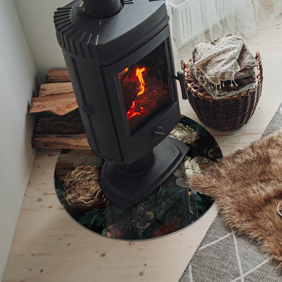 Runde Glasplatte für Kaminofen Blumenmotiv mit Schmetterlingen