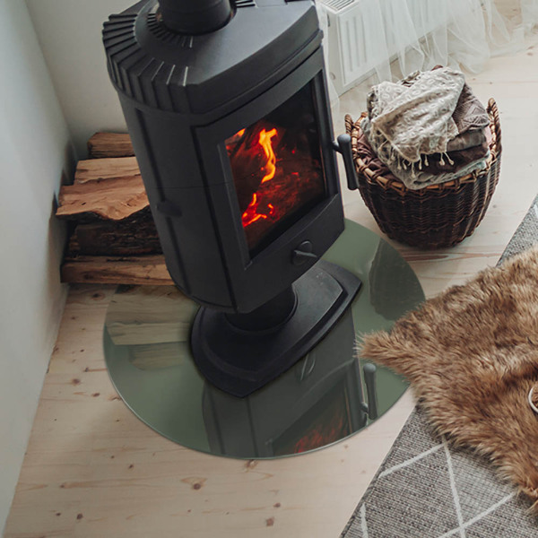 Runde Glasplatte für Kaminofen Olivfarben