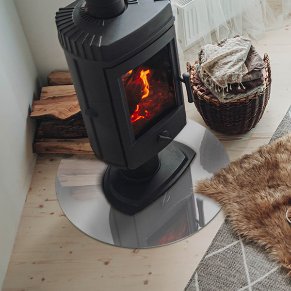 Runde Glasplatte für Kaminofen Farbe Grau