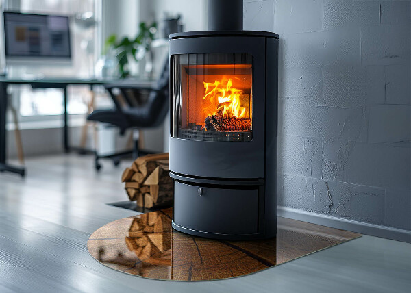 Halbrunde Glasplatte für Kaminofen Holz im Querschnitt mit natürlicher Maserung