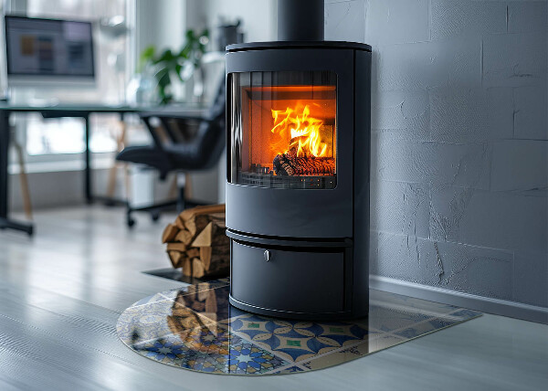 Halbrunde Glasplatte für Kaminofen Keramische Muster im Hintergrund