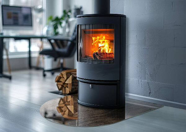 Halbrunde Glasbodenplatte Kamin Kiefernholzmuster